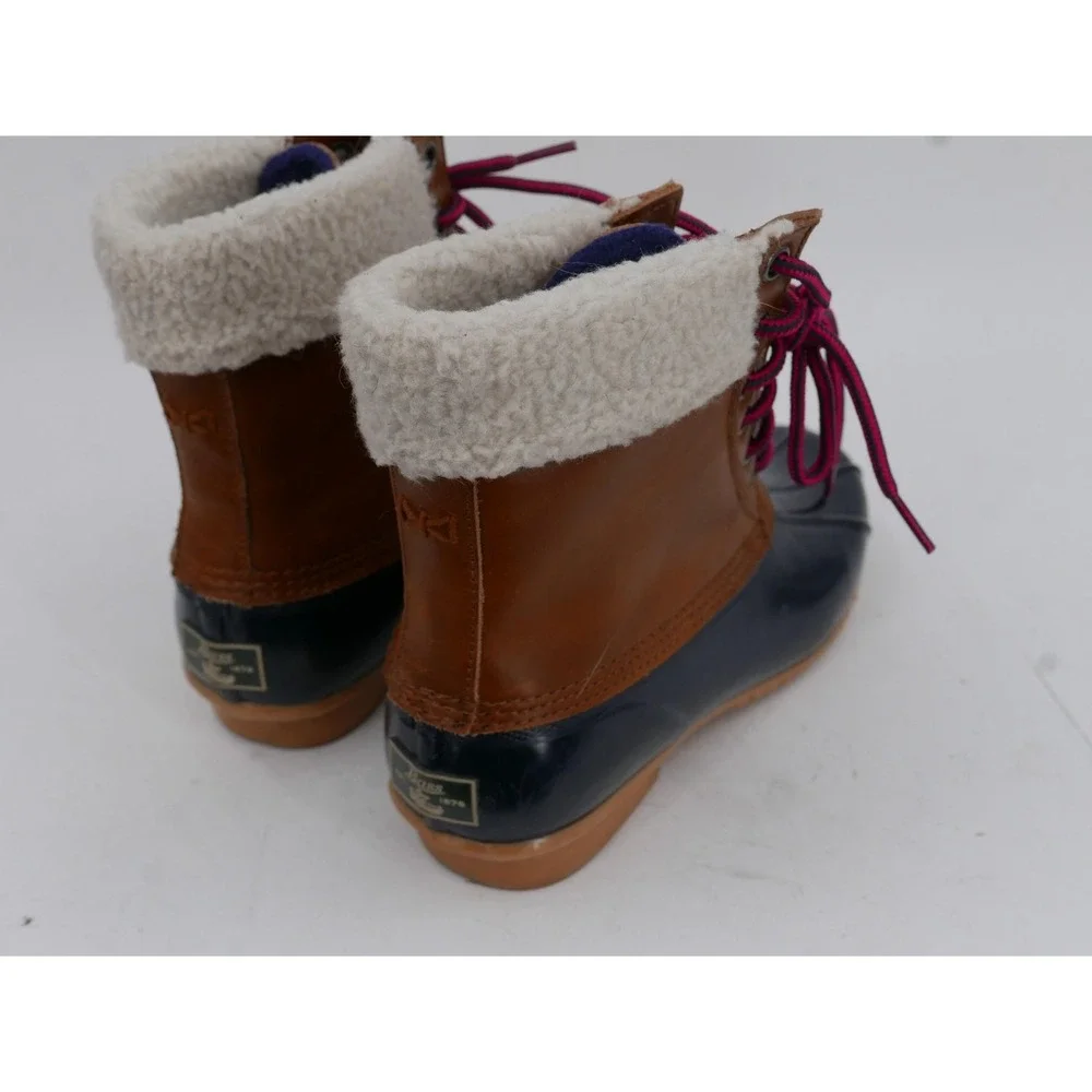Bass Harlequin Winter Boots Brown Navy Faux Fur Ankle Lace Up Womens Size 6